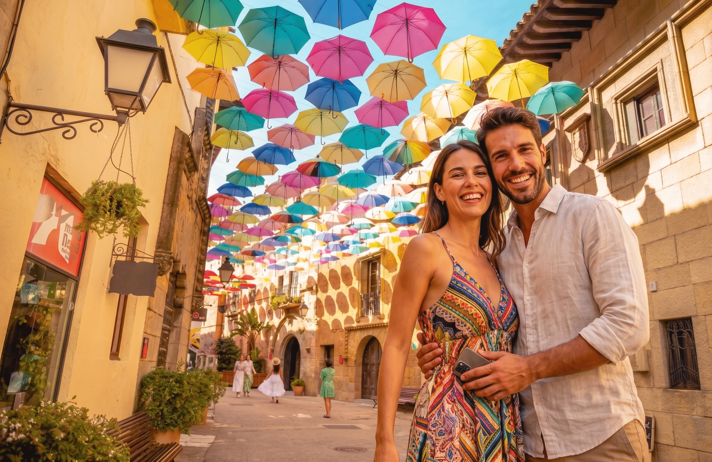 Pareja posando en una calle en el Poble Espanyol de Barcelona